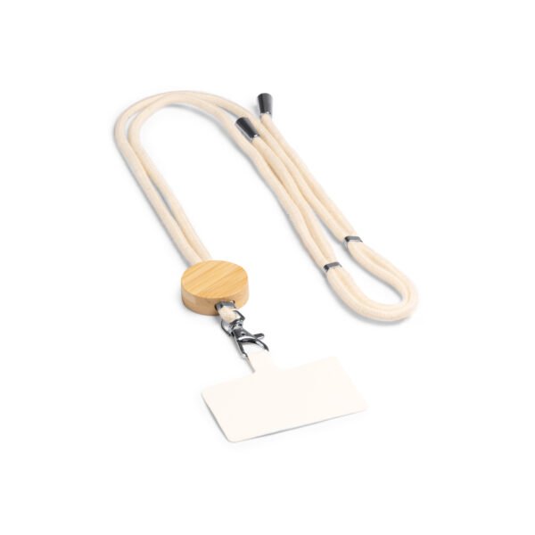 Lanyard portamóvil NIBIS fabricado en algodón con detalle en bambú.