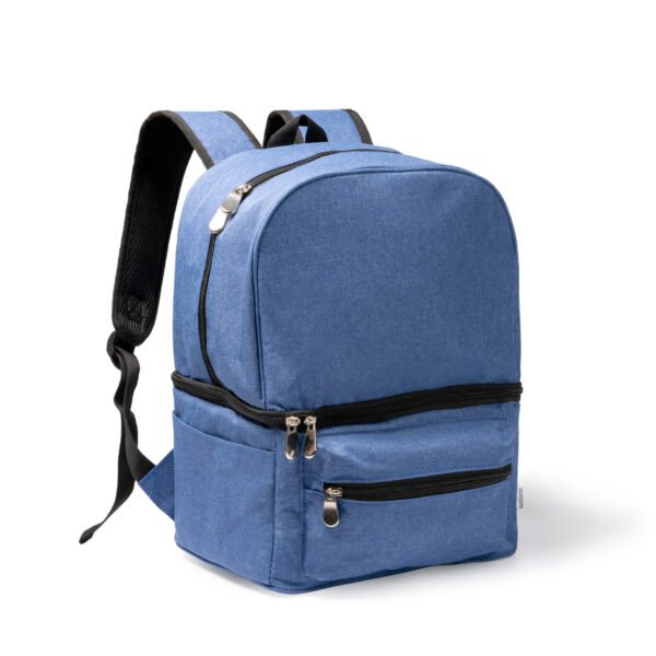 Mochila nevera SOLOY fabricada en RPET 300D con diseño sostenible.