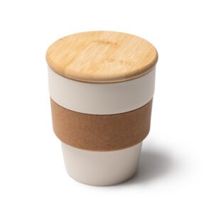 Vaso sostenible de PP reciclado con banda de corcho y tapa de bambú