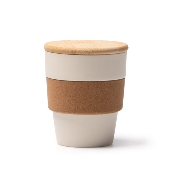 Vaso sostenible de PP reciclado con banda de corcho y tapa de bambú