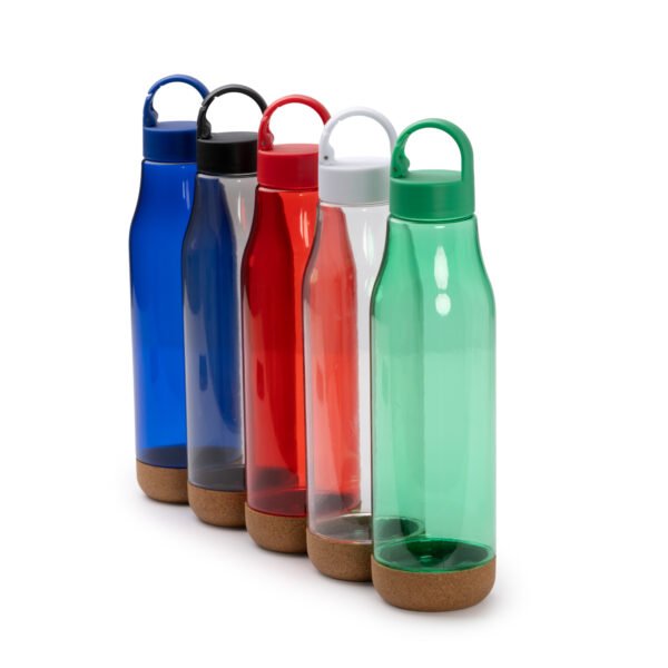 Botellas BASTI de Tritan™ con base de corcho y tapa con asa, ideales para merchandising sostenible y branding corporativo.