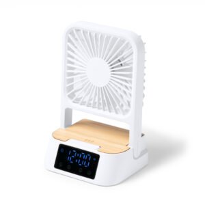 Ventilador de escritorio FUYI con cargador inalámbrico y reloj