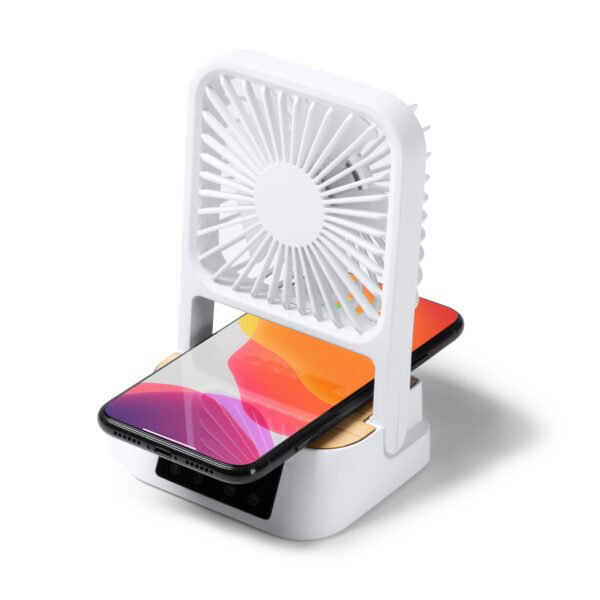 Ventilador FUYI sostenible con tres velocidades y carga inalámbrica de 15W