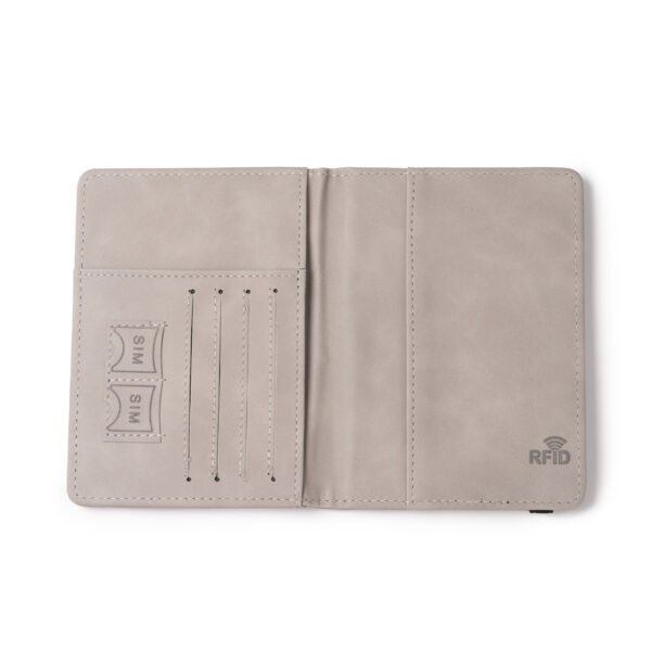 Funda para pasaporte MUNDI abierta mostrando su organización interna.