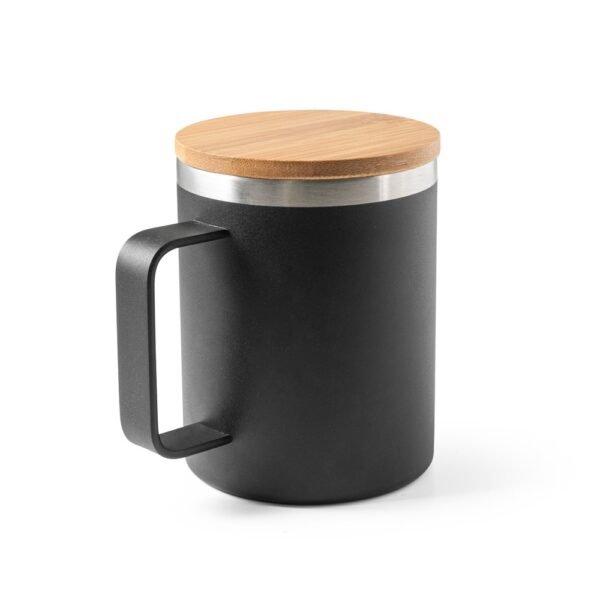 LAUDA. Taza de acero inoxidable 90% reciclado con tapa de bambú 420 mL